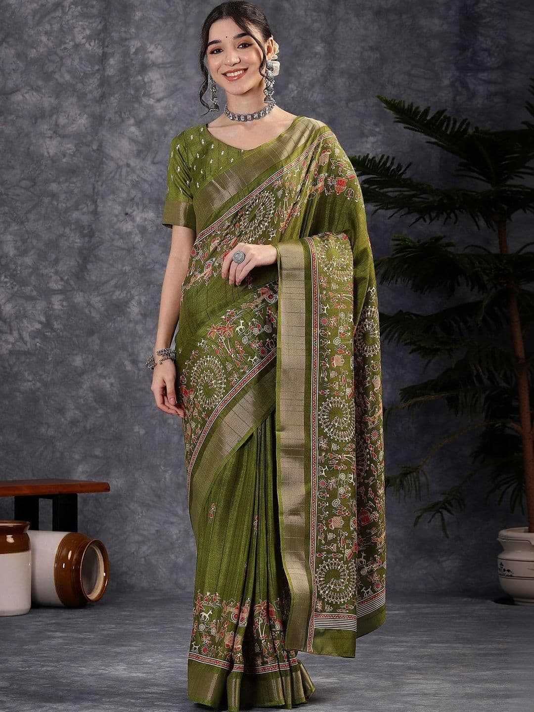 Mitera Kalamkari Embroidered Silk Blend Designer Block Print Saree - view 1