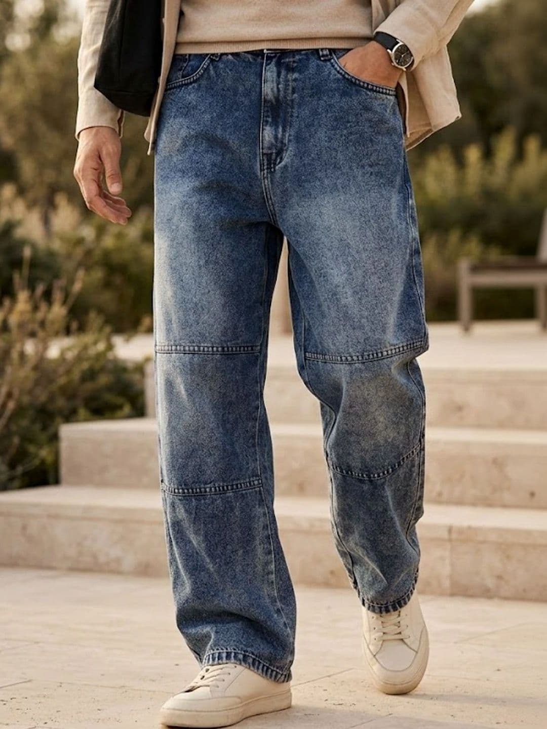 Urbano Fashion Men Blue Loose Baggy Fit Cut and Sew Non-Stretchable Panelled Jeans - view 1
