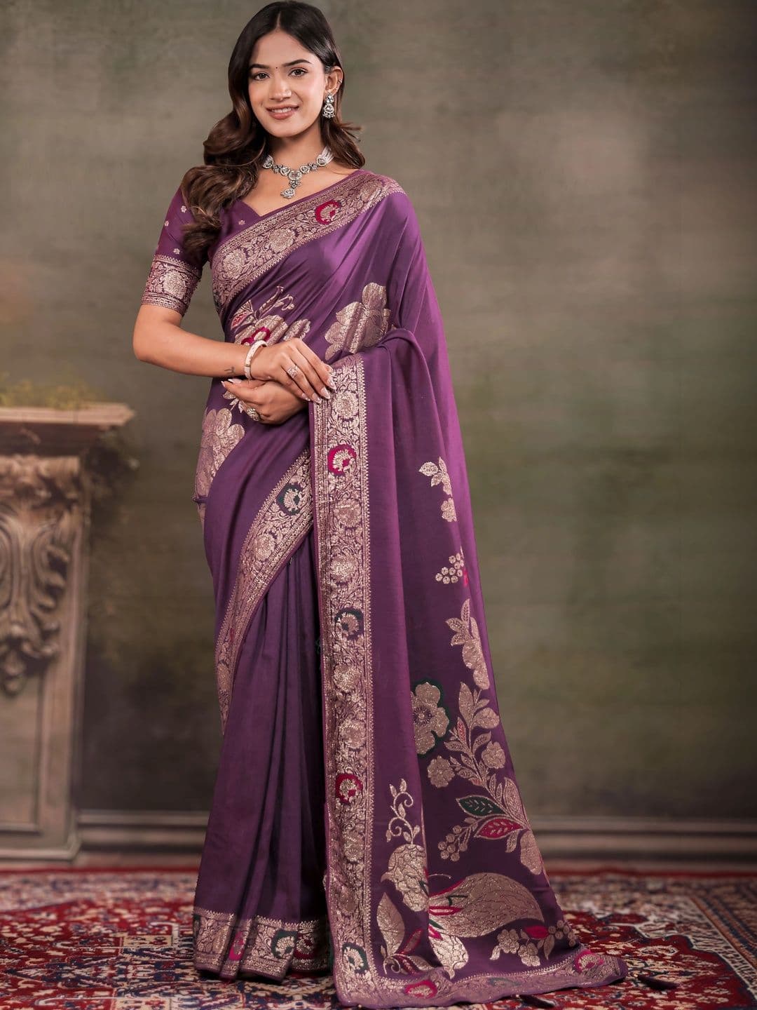 AATMAN CREATION Floral Zari Banarasi Saree - view 1