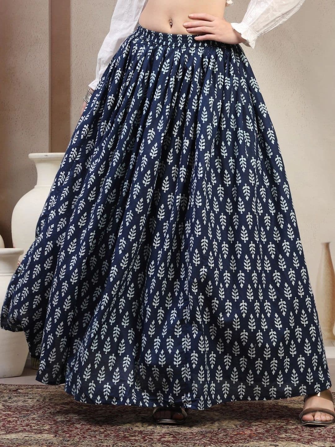 HERE&NOW Women Pure Cotton Blend Cotton Cambric Floral Maxi Flared Skirt - view 1