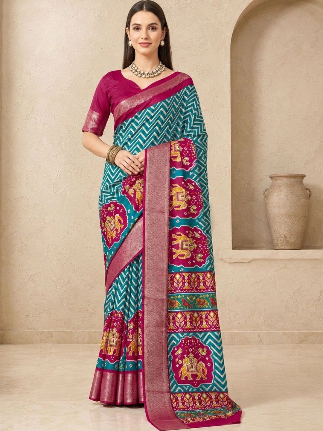 ELINA FASHION & HOME Ethnic Motifs Zari Silk Blend Fusion Patola Saree - view 1
