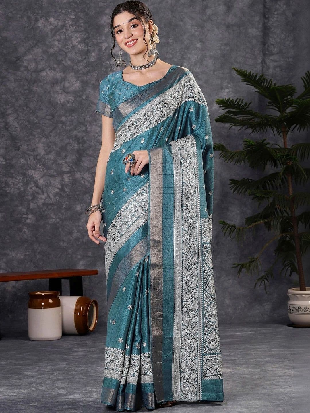 Mitera Woven Design Zari Silk Blend Designer Block Print Saree - view 1