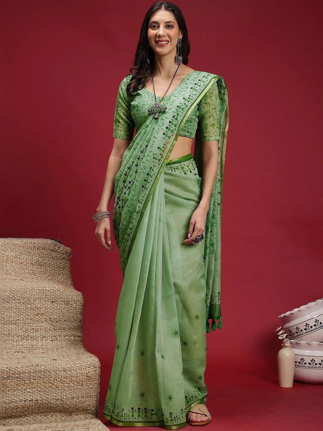 Mitera Warli Linen Blend Designer Block Print Saree - view 1
