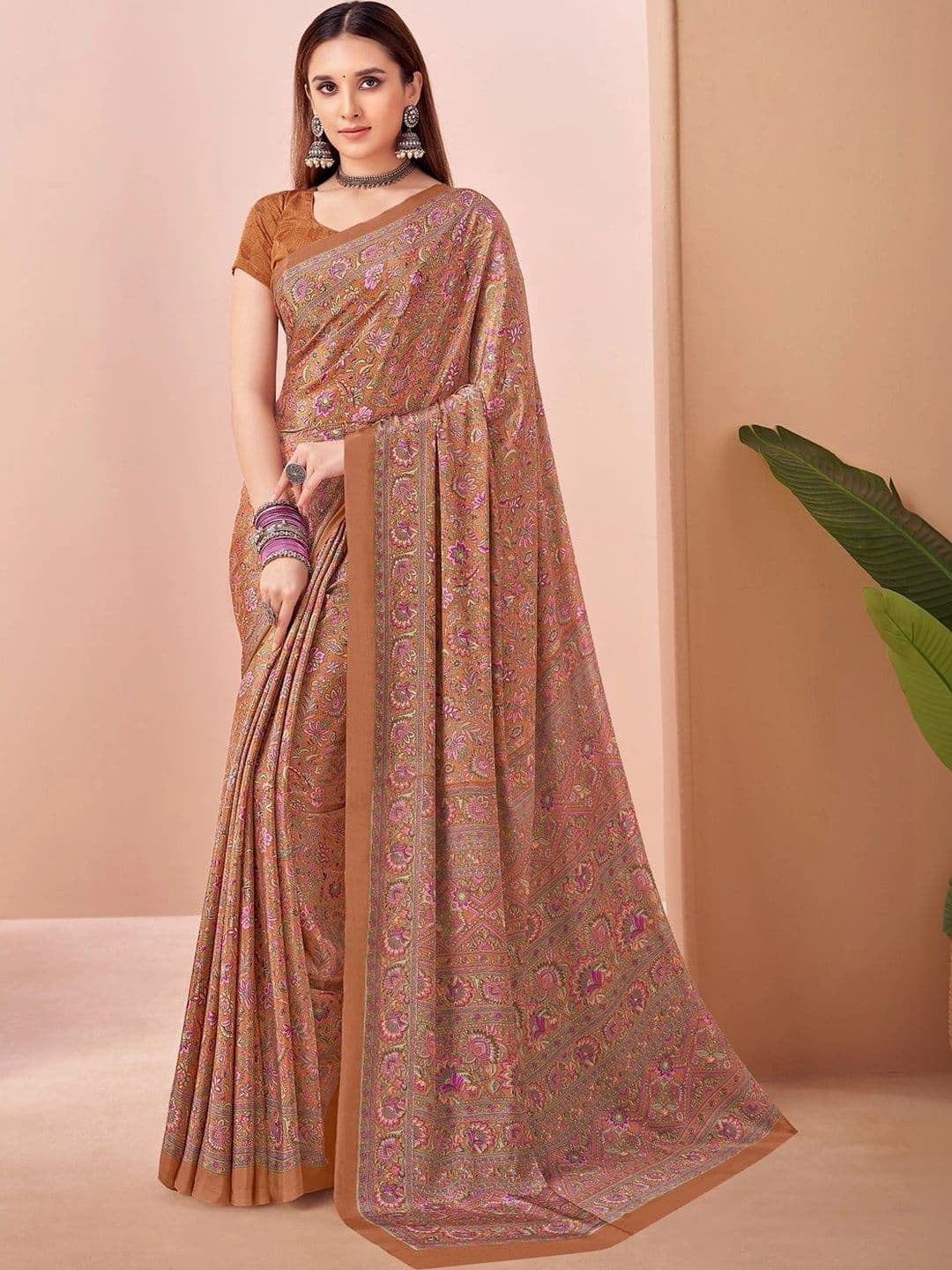 Mitera Floral Poly Crepe Designer Block Print Saree - view 1