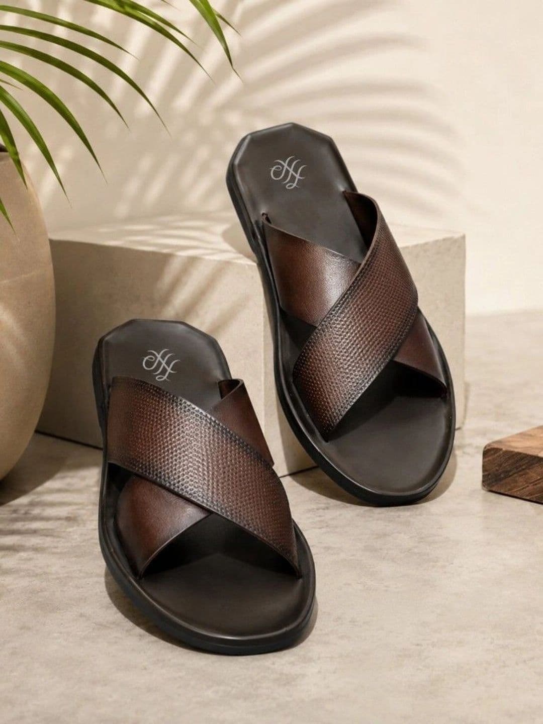 House of Pataudi Men Brown Leather Textured Casual Slip On Pu Comfort Sandals - view 1