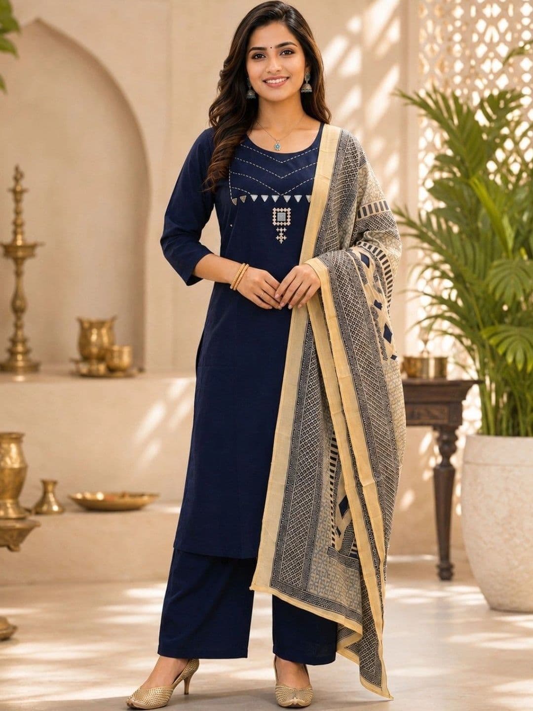 ESHMYRA Women Ethnic Motifs Embroidered Regular Thread Work Pure Cotton Kurta with Palazzos & With Dupatta - view 1