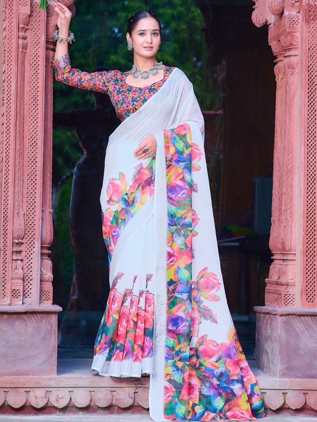 Mitera Floral Zari Linen Blend Designer Block Print Saree - view 1