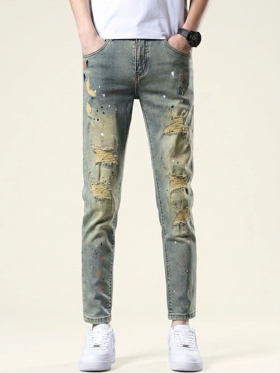 StyleCast x Revolte Men Slim Fit Mid-Rise Highly Distressed Heavy Fade Printed Stretchable Jeans - view 1