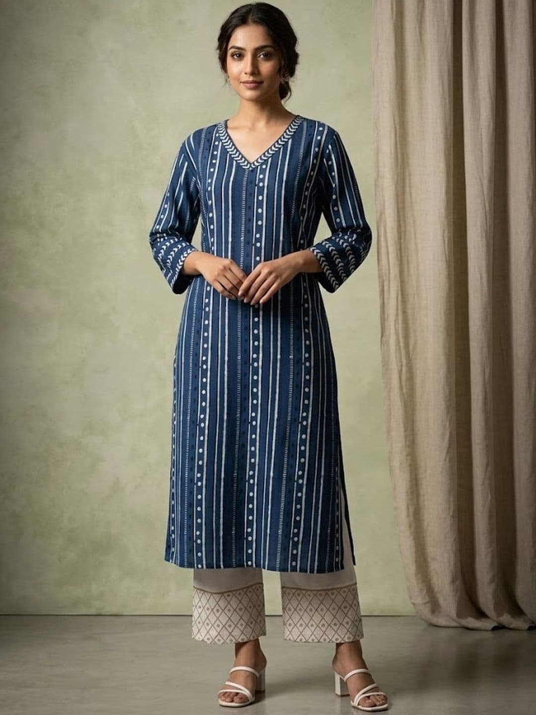 Sangria Striped Cotton V-Neck Calf Length Straight Kurta - view 1