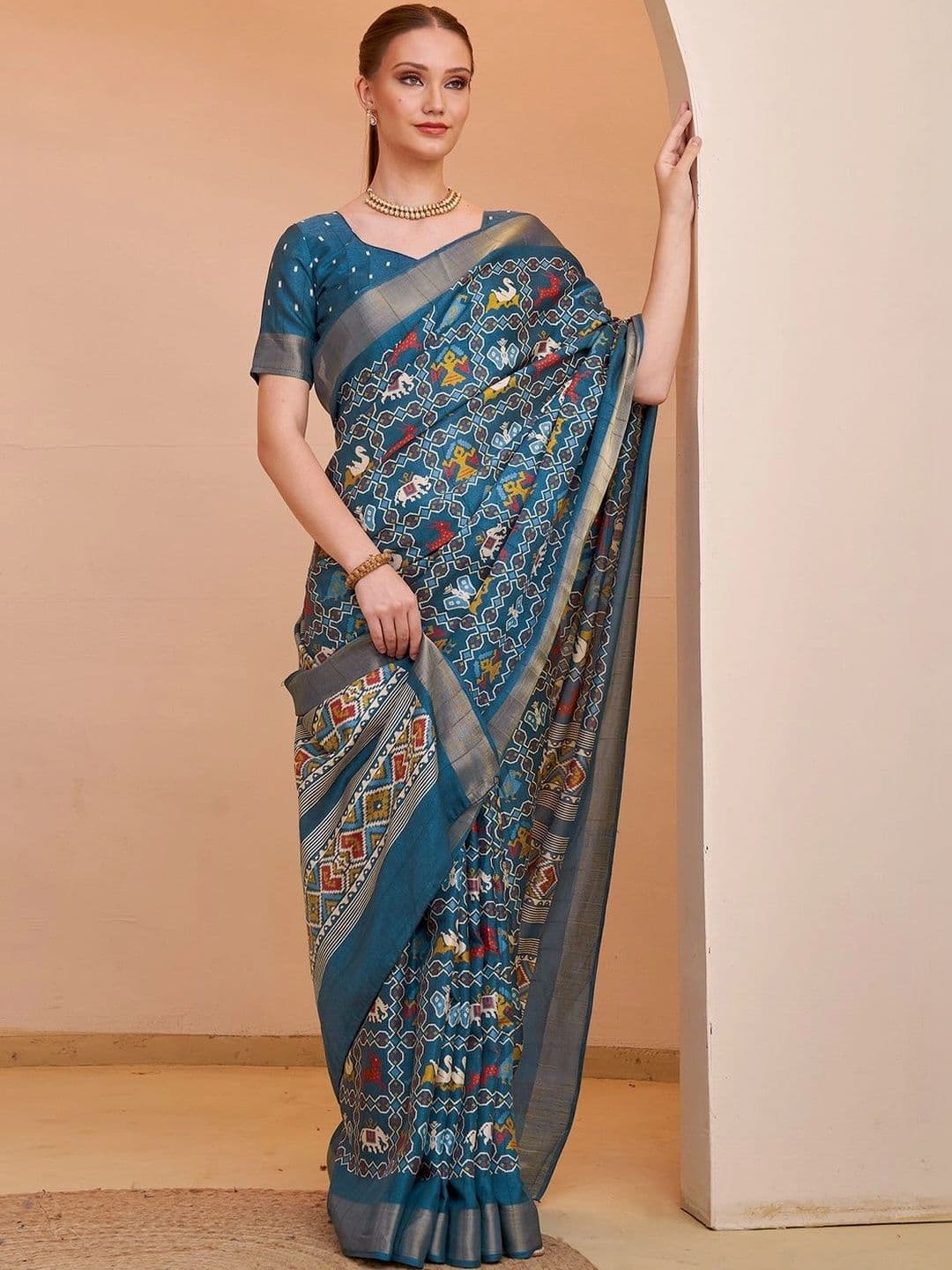 Mitera Zari Silk Blend Fusion Block Print Saree - view 1