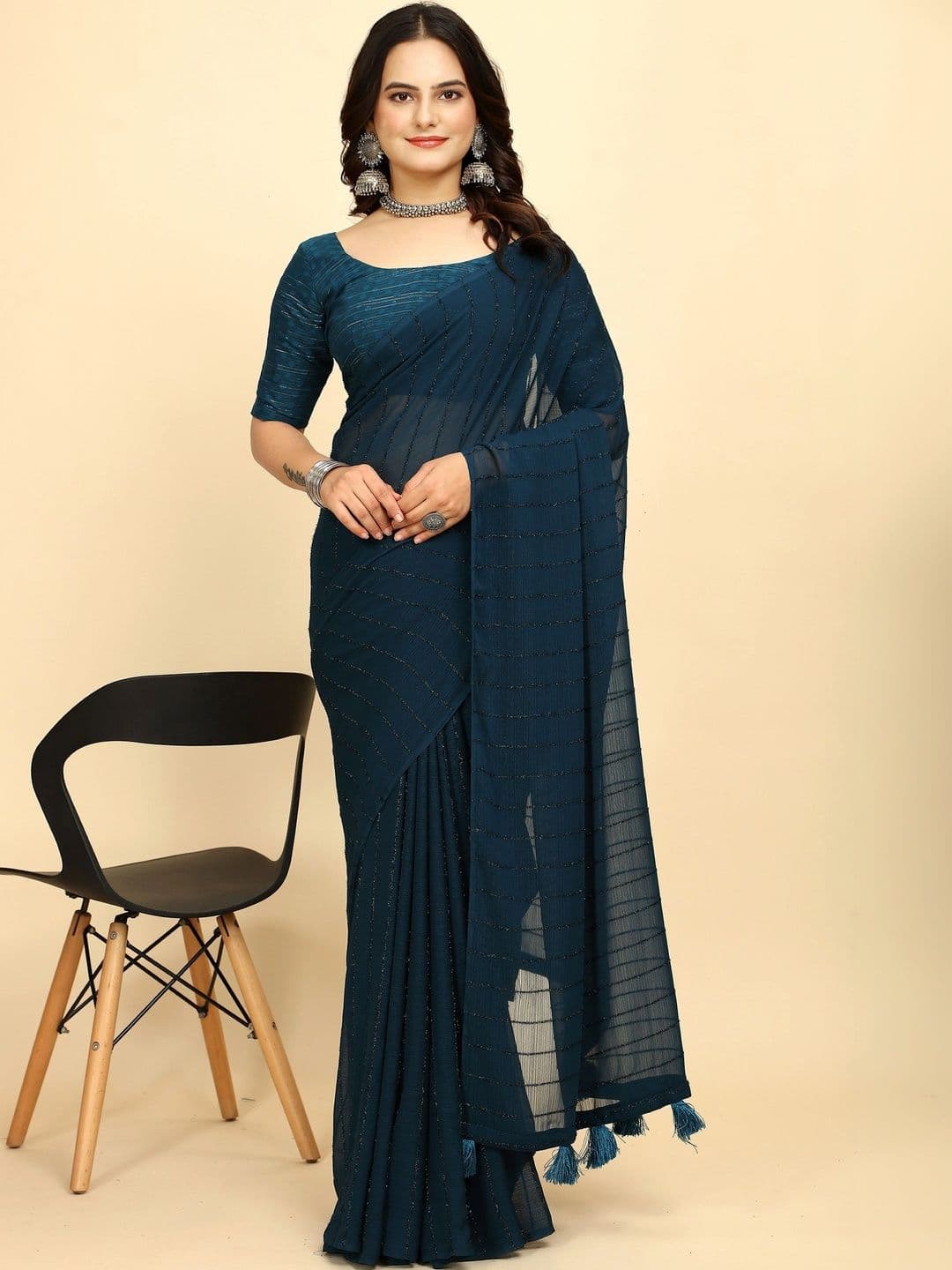 KALINI Striped Poly Georgette Designer Saree - view 1
