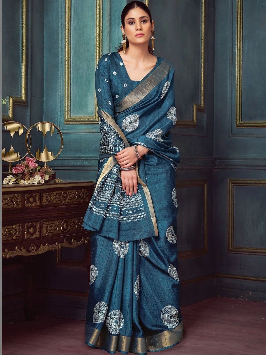 Mitera Ethnic Motifs Zari Silk Blend Designer Block Print Saree - view 1