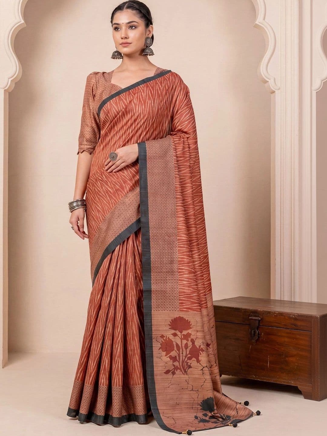 Mitera Striped Silk Blend Designer Block Print Saree - view 1