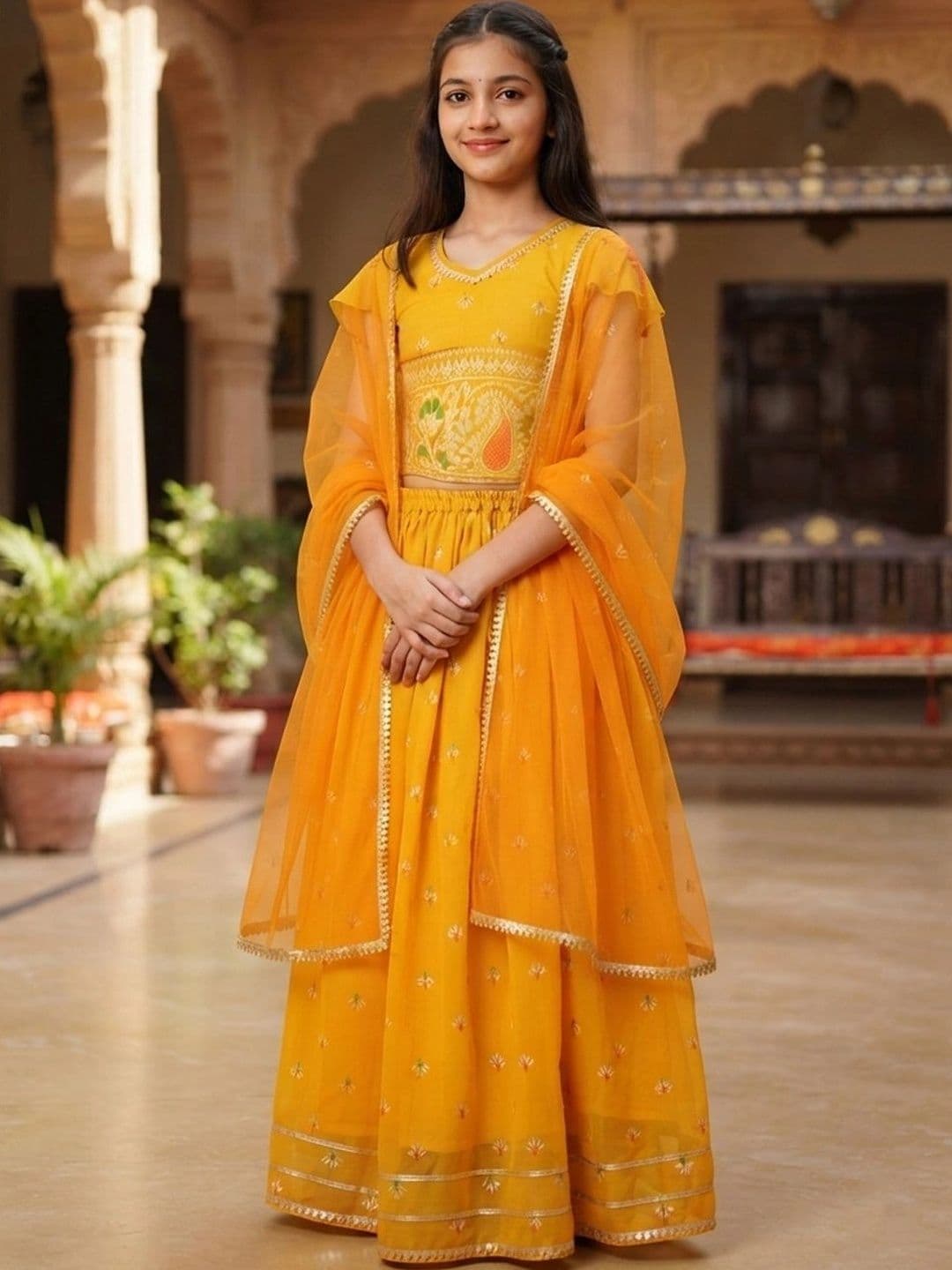 House of Pataudi Girls Embroidered Thread Work Ready to Wear Lehenga & Blouse With Dupatta - view 1