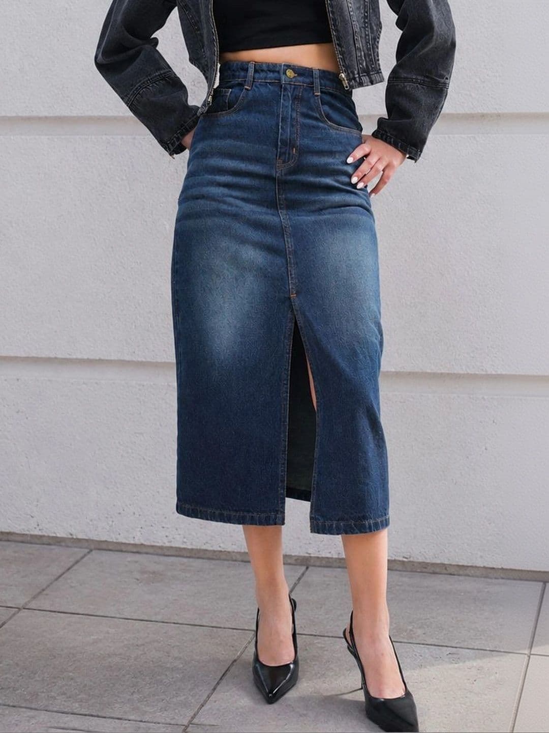 SASSAFRAS BASICS Women Denim Washed Front Slit Midi Straight Skirt - view 1