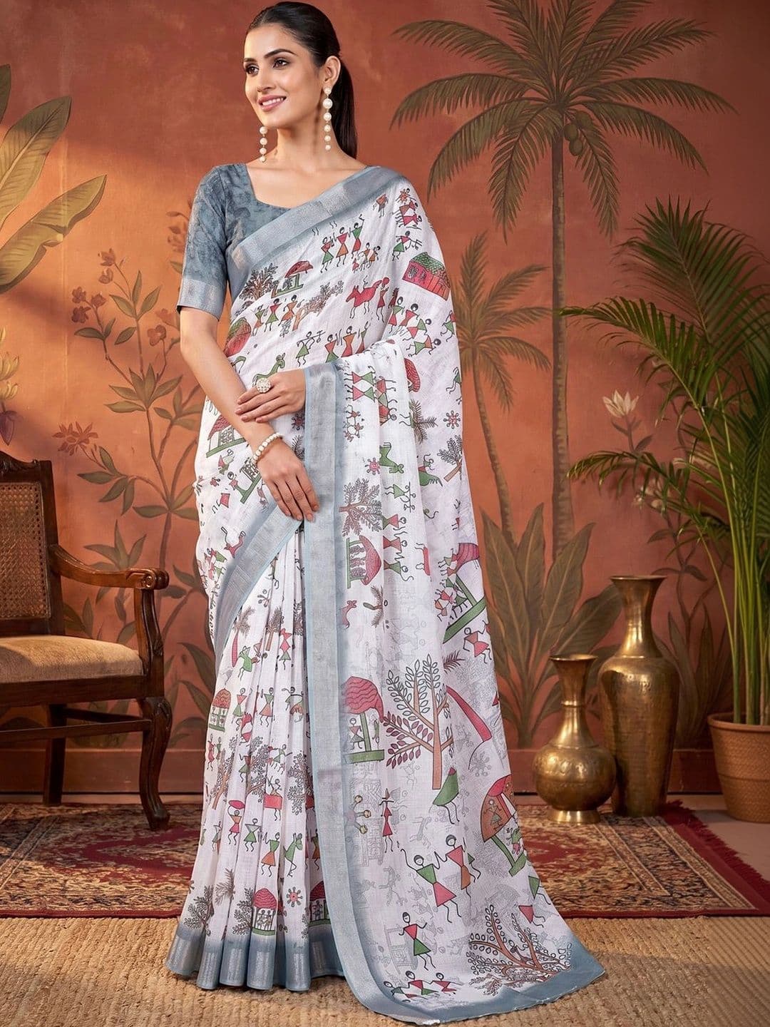 Mitera Warli Zari Linen Blend Designer Block Print Saree - view 1