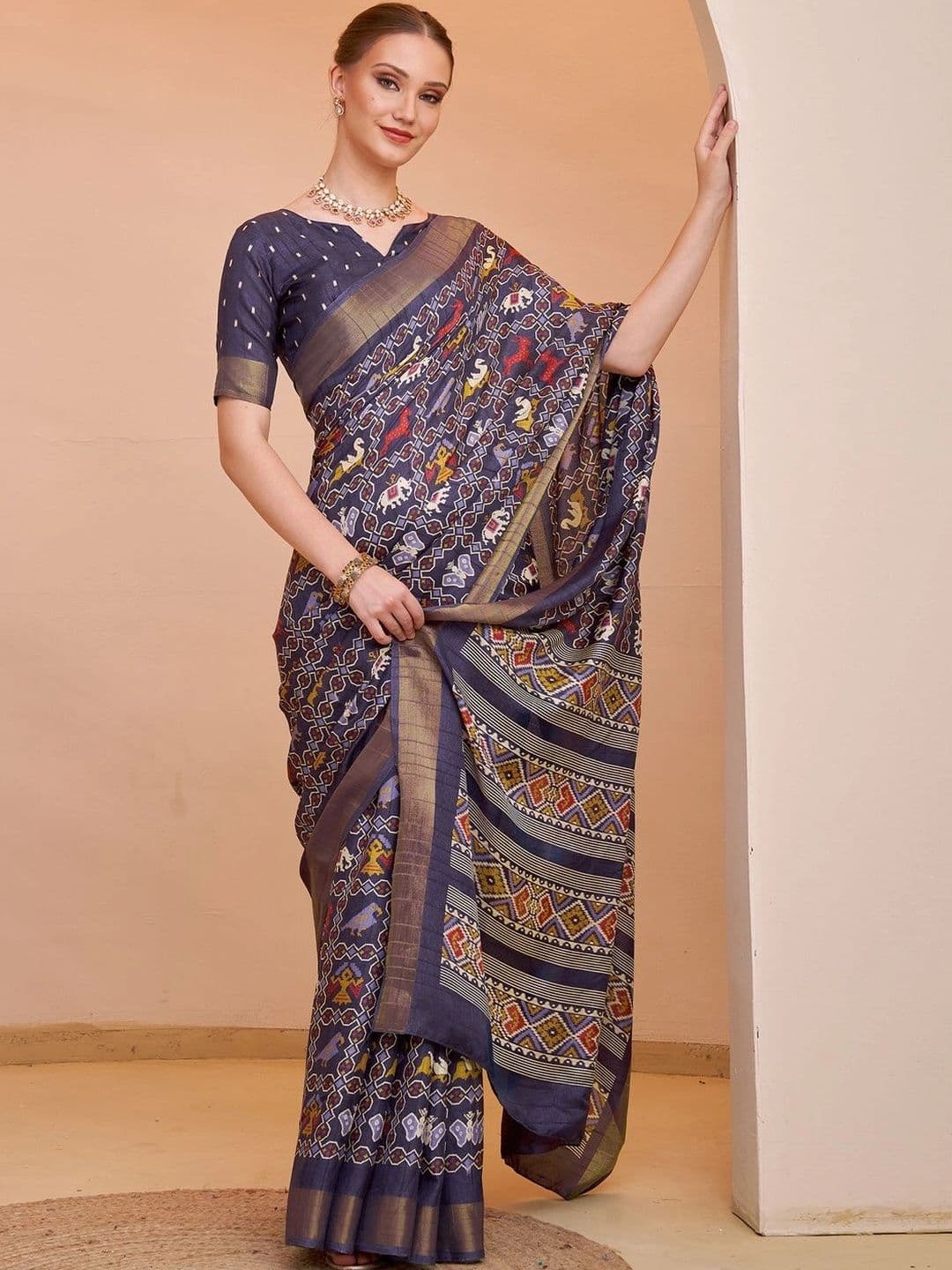 Mitera Zari Silk Blend Designer Block Print Saree - view 1
