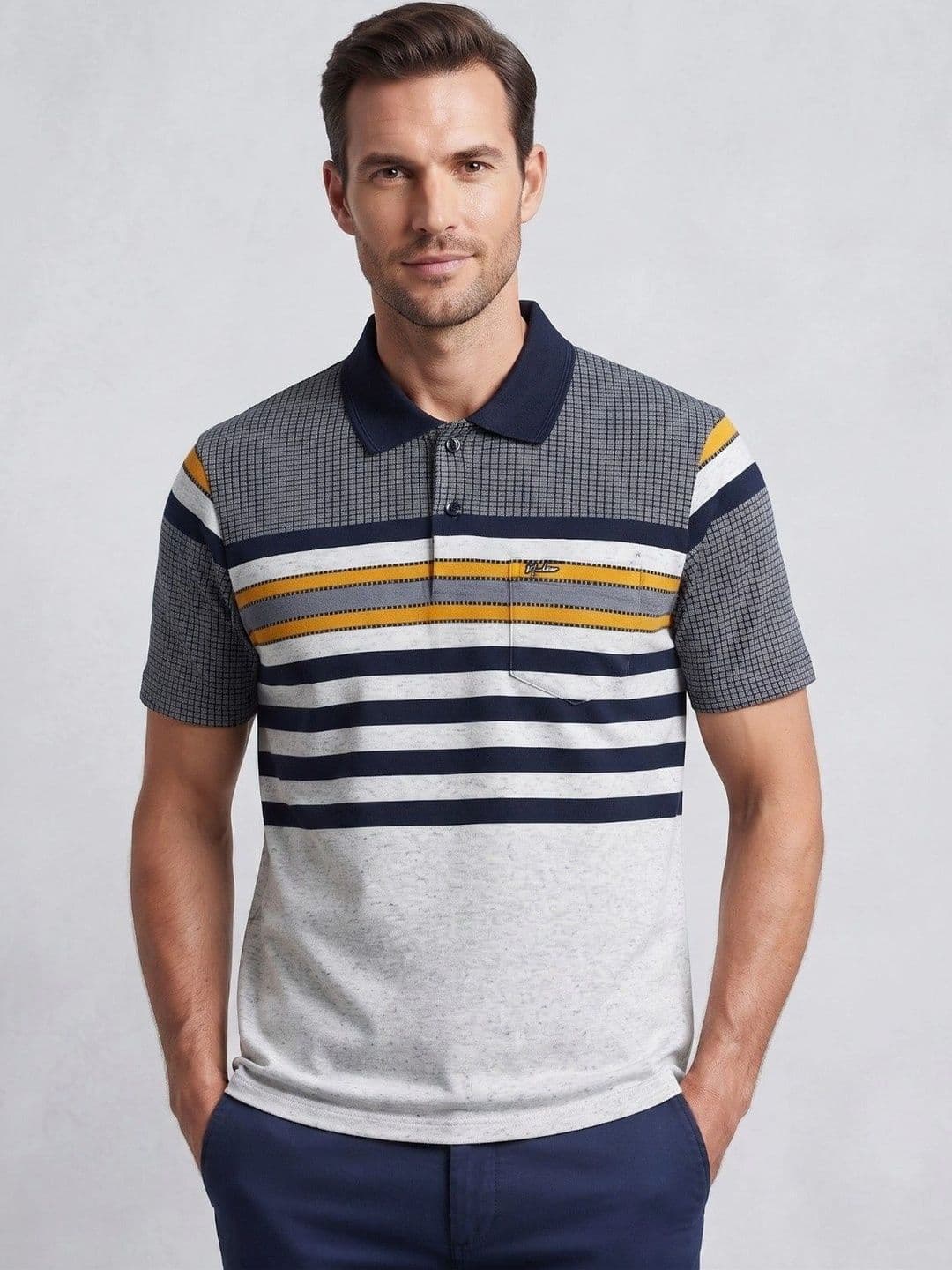 MALER Men Striped Polo Collar Pockets T-shirt - view 1