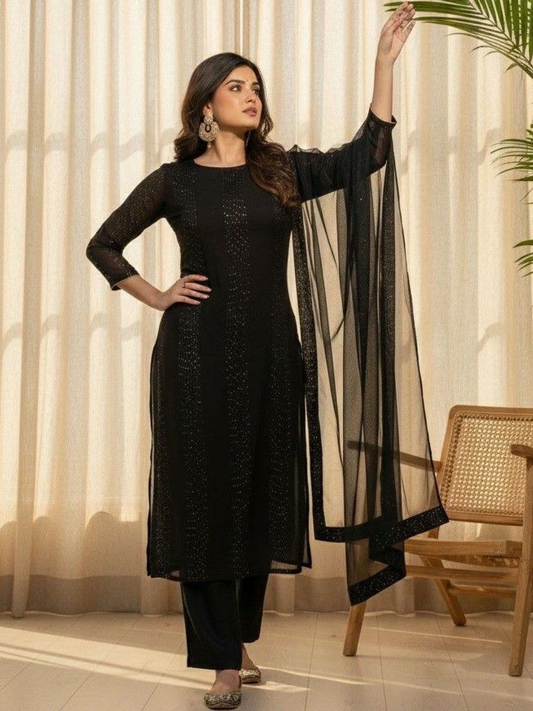 all about you Women Floral Embroidered Regular Sequinned Kurta with Trousers & With Dupatta - view 1