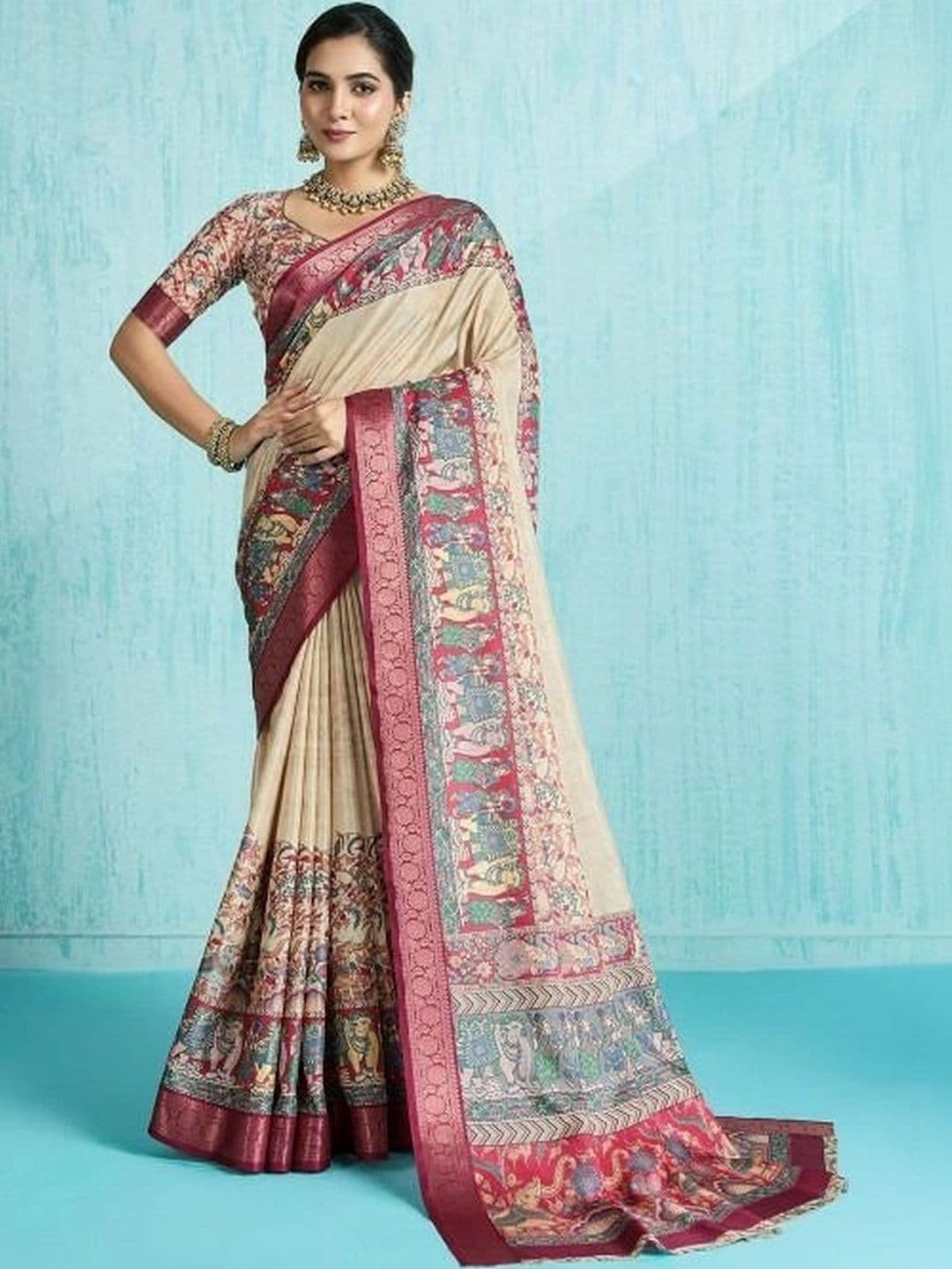 HERE&NOW Kalamkari Zari Silk Blend Designer Saree - view 1