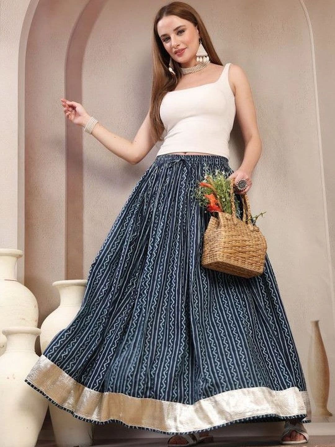 HERE&NOW Women Pure Cotton Blend Cotton Cambric Geometric Maxi Flared Skirt - view 1