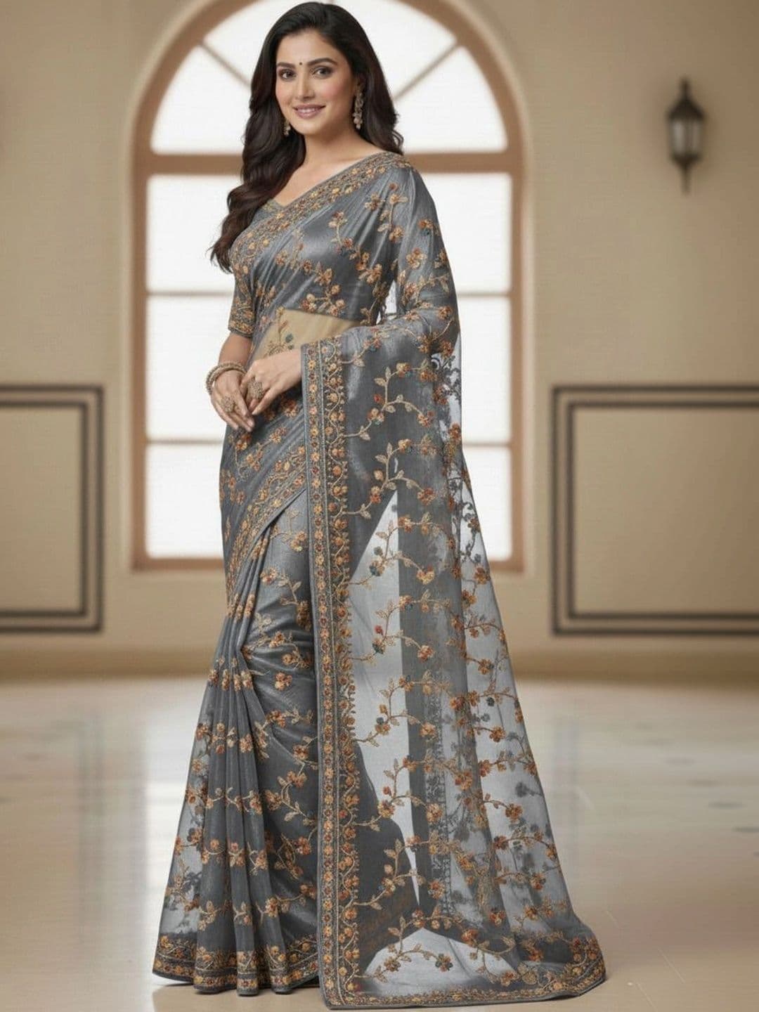 NIYANTAKSH Floral Printed Net Saree With Blouse Piece - view 1