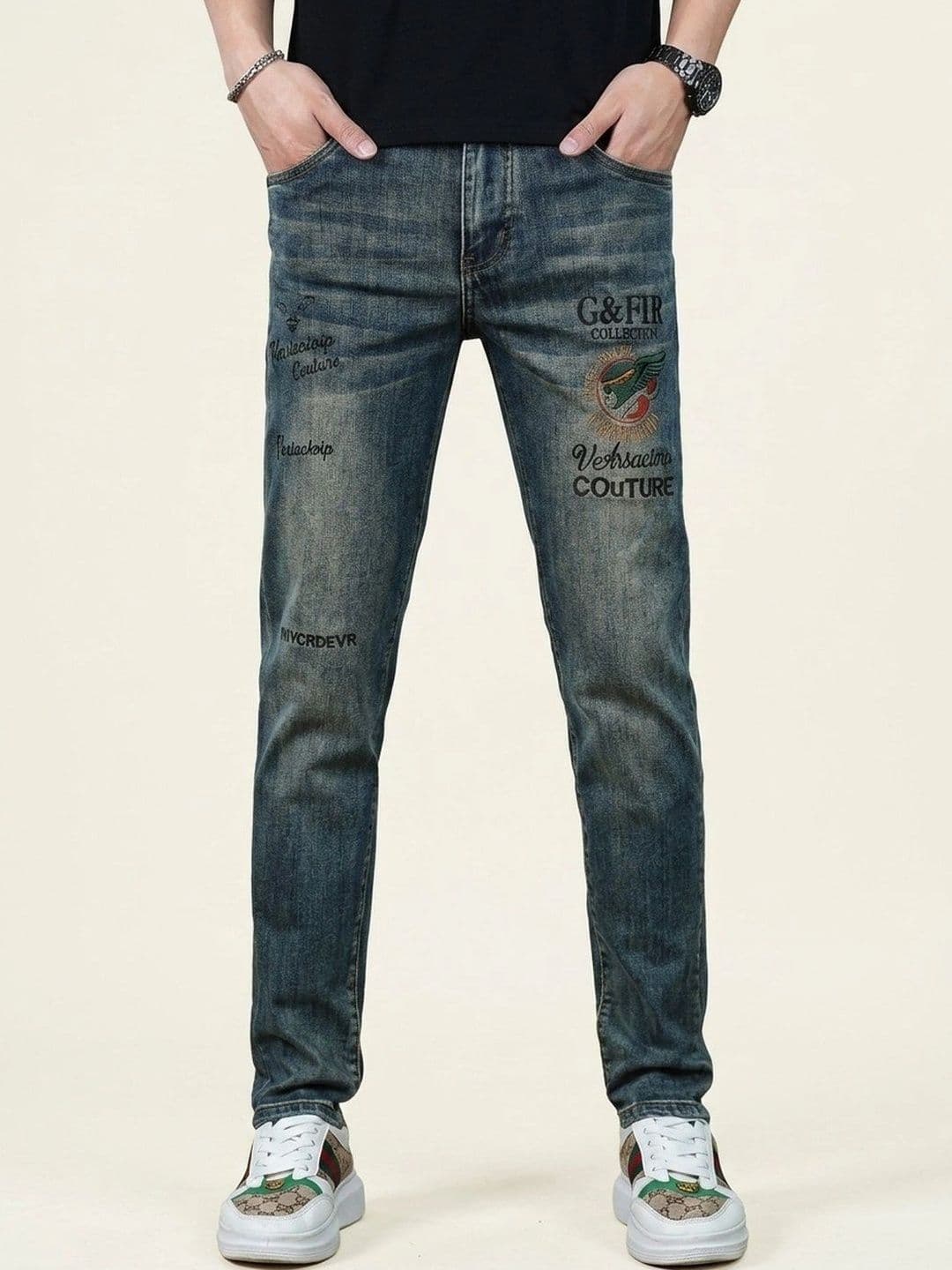 StyleCast x Revolte Men Slim Fit Mid-Rise Heavy Fade Embroidered Stretchable Jeans - view 1