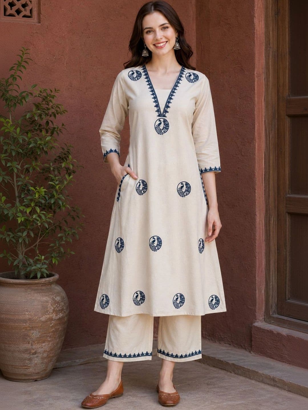 EVANORA Women Ethnic Motifs Embroidered Regular Thread Work Pure Cotton Kurta with Trousers - view 1