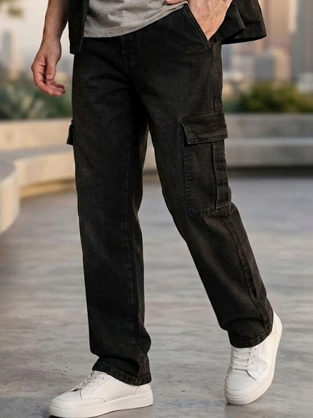 Urbano Fashion Men Black Regular Fit Washed Cargo Jeans With 6 Pockets Stretchable - view 1