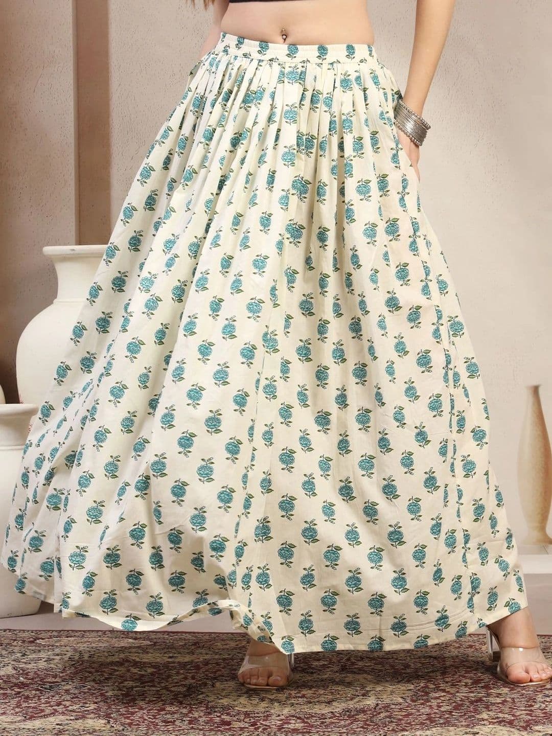 HERE&NOW Women Pure Cotton Blend Cotton Cambric Floral Maxi Flared Skirt - view 1