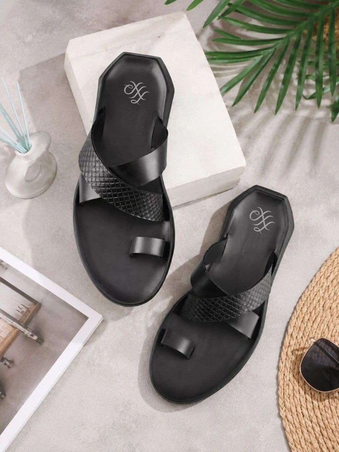 House of Pataudi Men Black Leather Textured Casual Slip On Pu Comfort Sandals - view 1