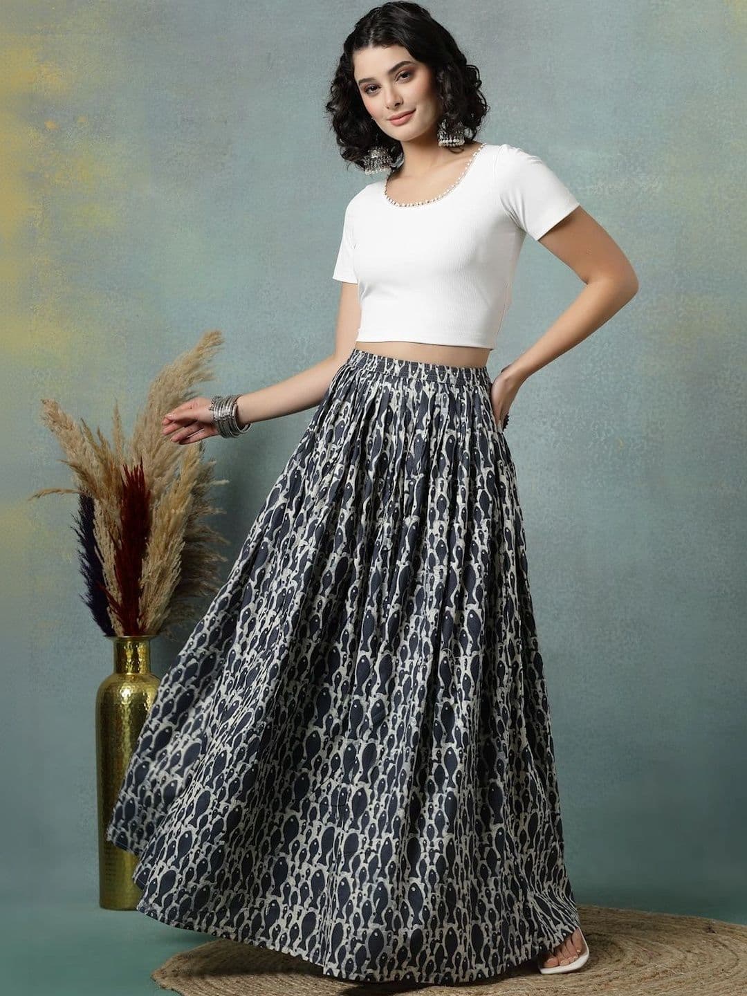 HERE&NOW Women Pure Cotton Blend Cotton Cambric Abstract Maxi Flared Skirt - view 1