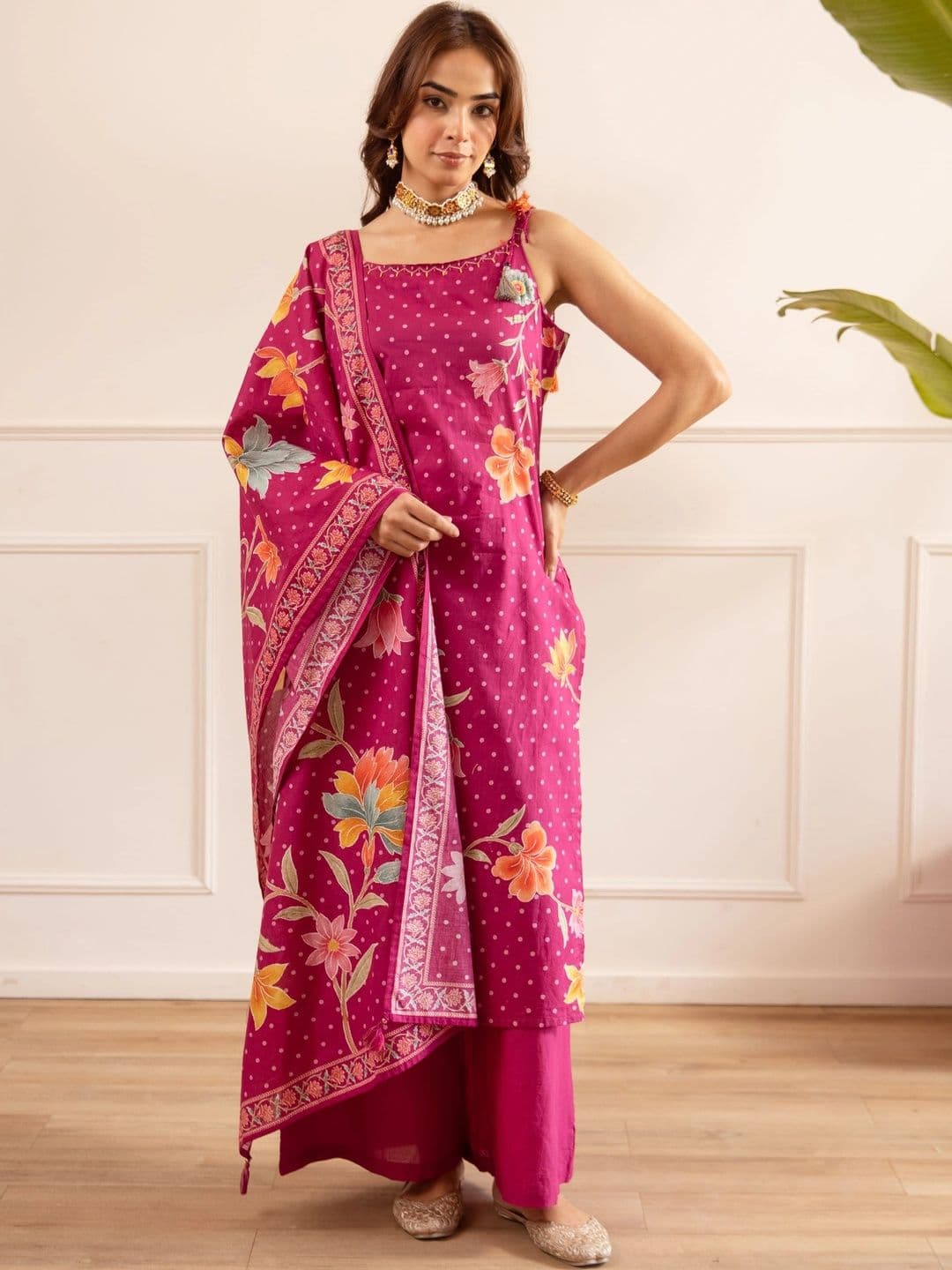 KALINI Women Floral Printed Regular Pure Cotton Kurta with Palazzos & With Dupatta - view 1