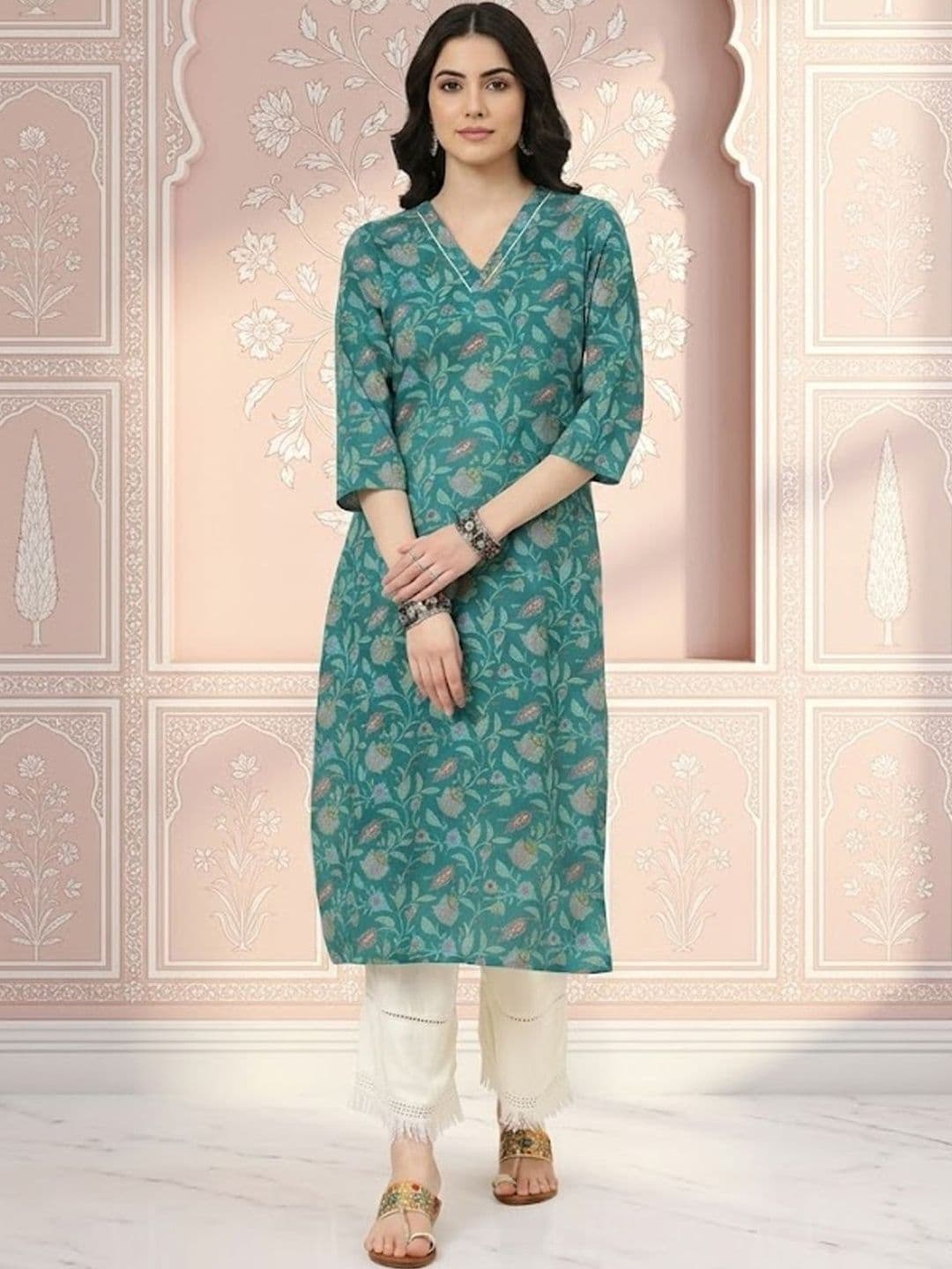 Sangria Floral Printed Cotton V-Neck Straight Kurta - view 1