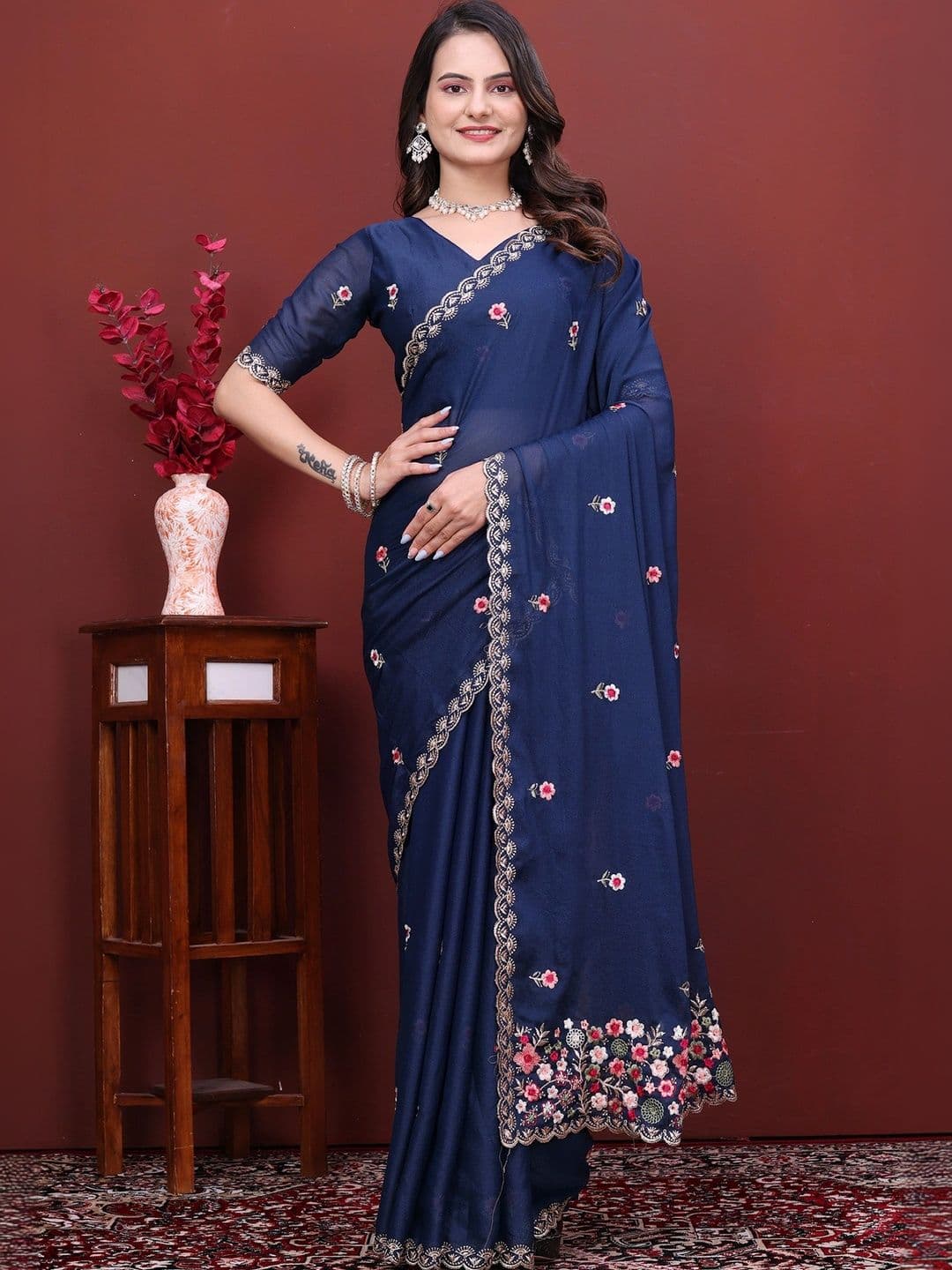 Panzora Floral Embroidered Poly Georgette Designer Saree - view 1