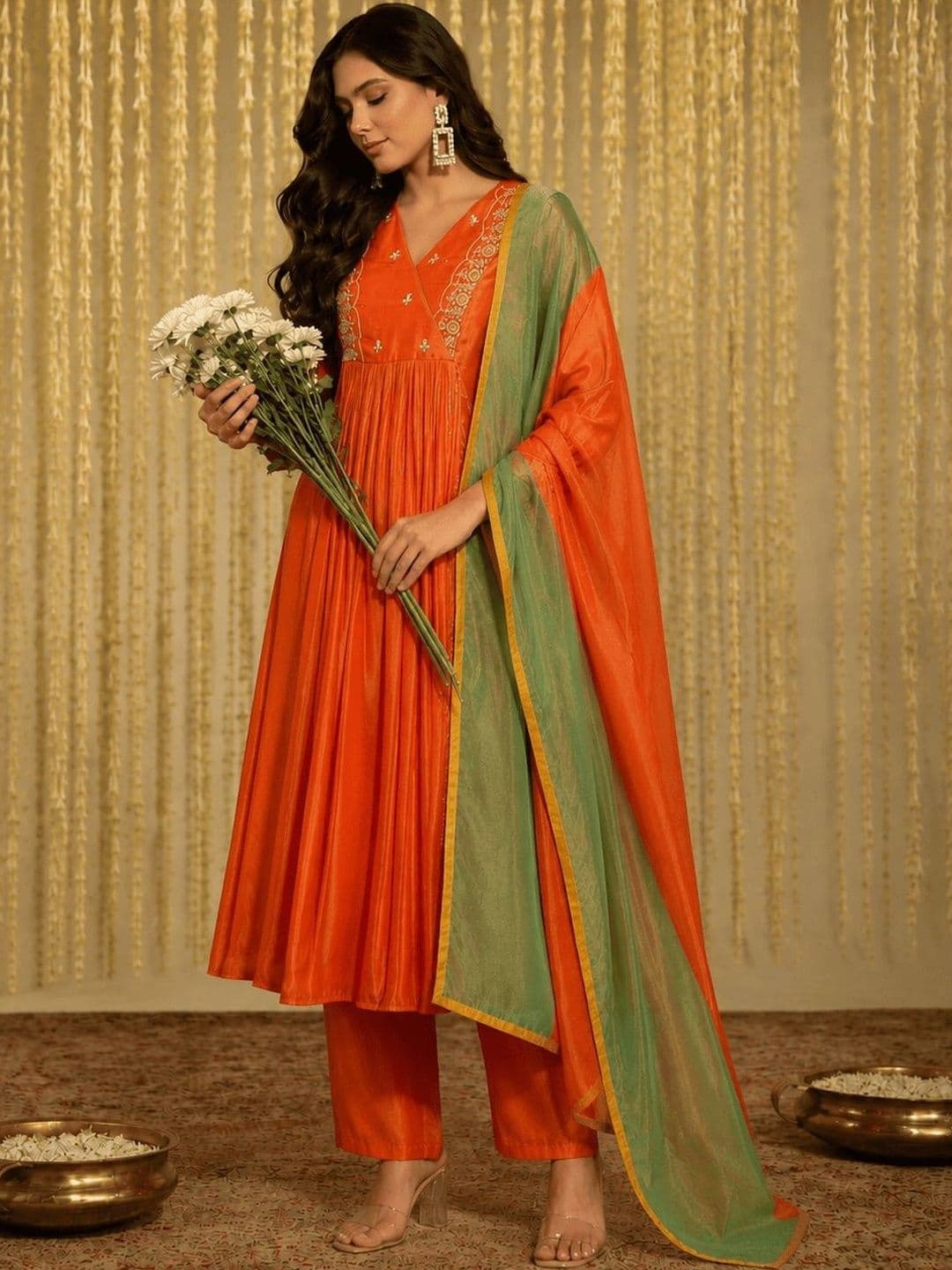 Sangria Women Ethnic Motifs Embroidered Angrakha Thread Work Kurta with Trousers & With Dupatta - view 1