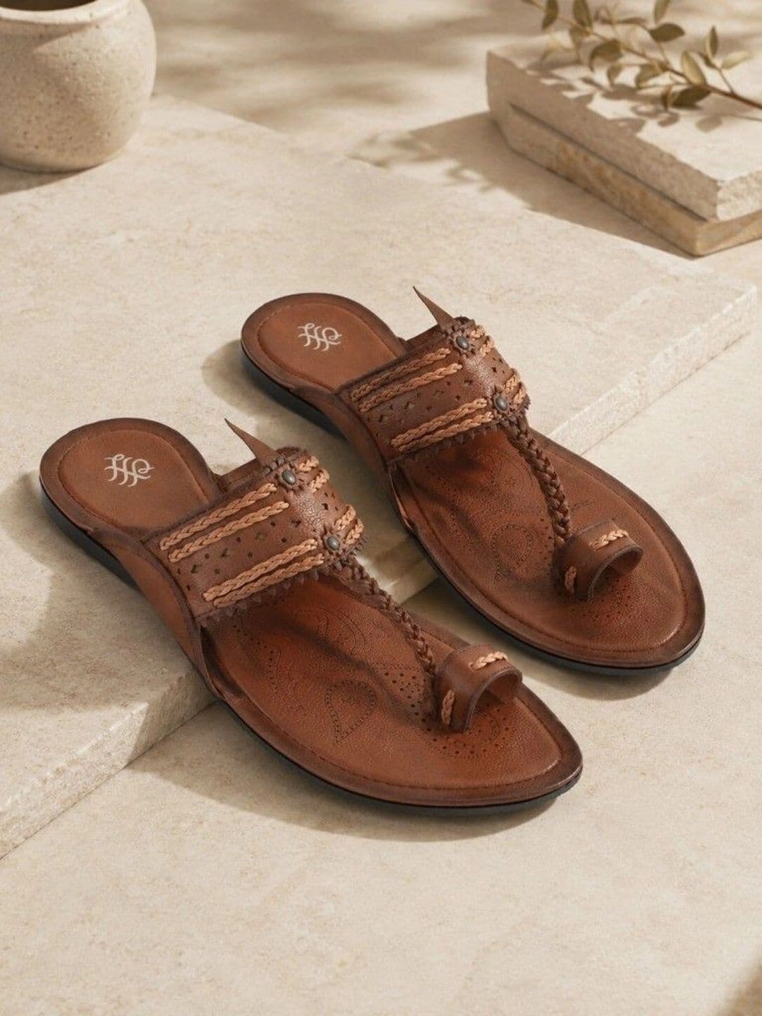 House of Pataudi Men Tan Casual Textured Comfortable Slip On Kolhapuri Sandals - view 1