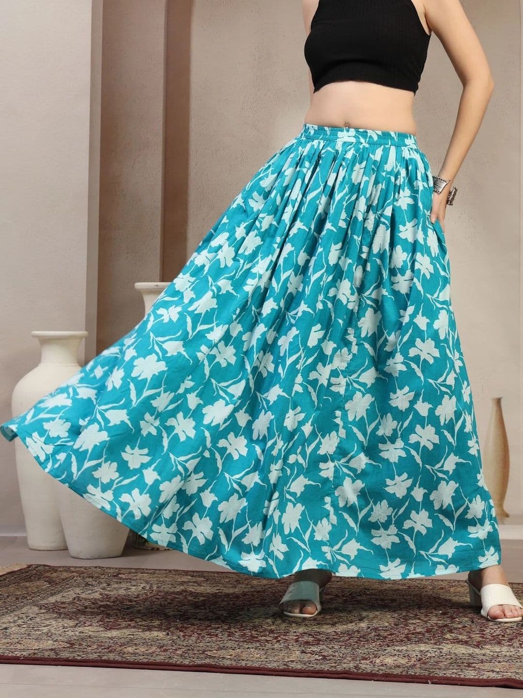 HERE&NOW Women Pure Cotton Blend Cotton Cambric Floral Maxi Flared Skirt - view 1