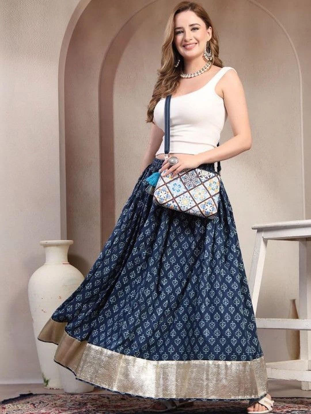 HERE&NOW Women Pure Cotton Blend Cotton Cambric Abstract Maxi Flared Skirt - view 1