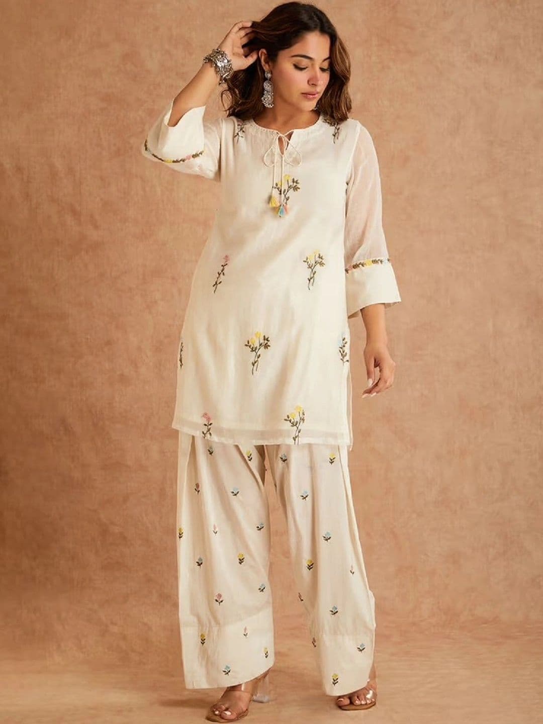 Sangria Women Floral Embroidered Regular Thread Work Chanderi Cotton Kurti with Palazzos - view 1