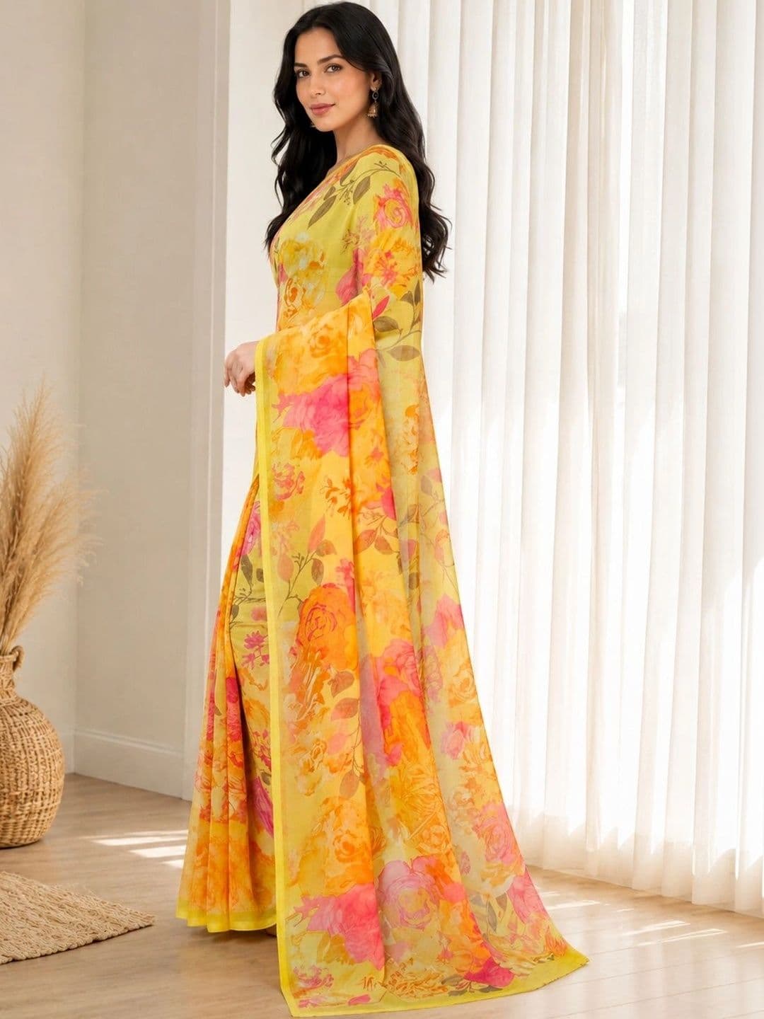ELINA FASHION & HOME Floral Poly Georgette Fusion Saree - view 1
