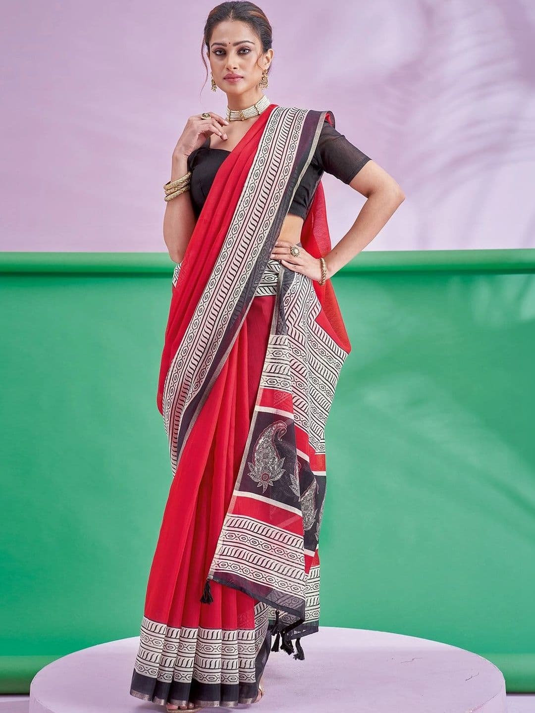 Mitera Bagh Linen Blend Designer Block Print Saree - view 1