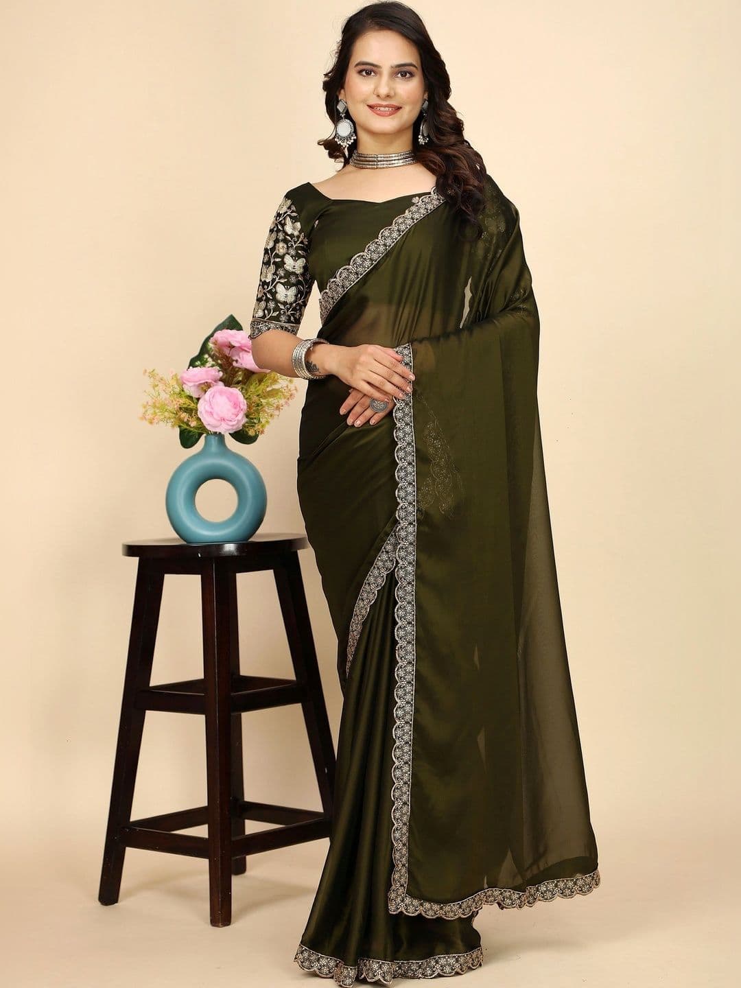 KALINI Floral Embroidered Poly Chiffon Designer Saree - view 1