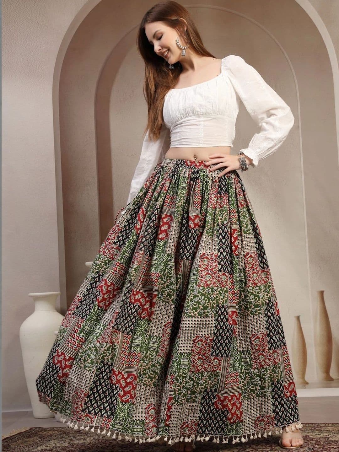 HERE&NOW Women Pure Cotton Blend Cotton Cambric Paisley Maxi Flared Skirt - view 1