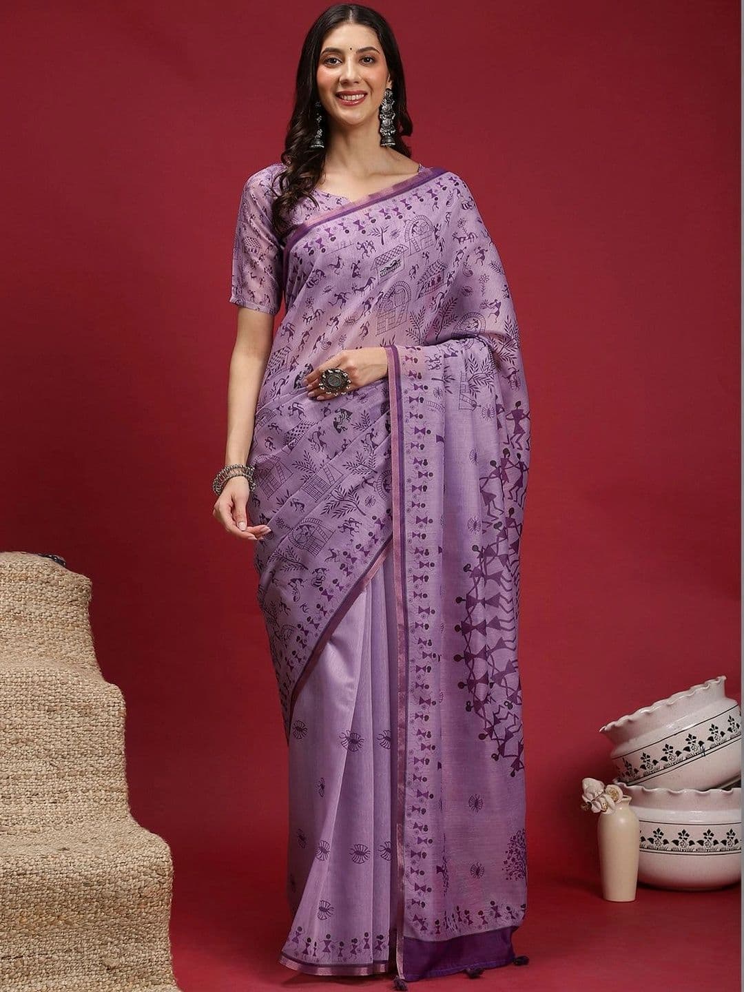 Mitera Warli Linen Blend Designer Block Print Saree - view 1