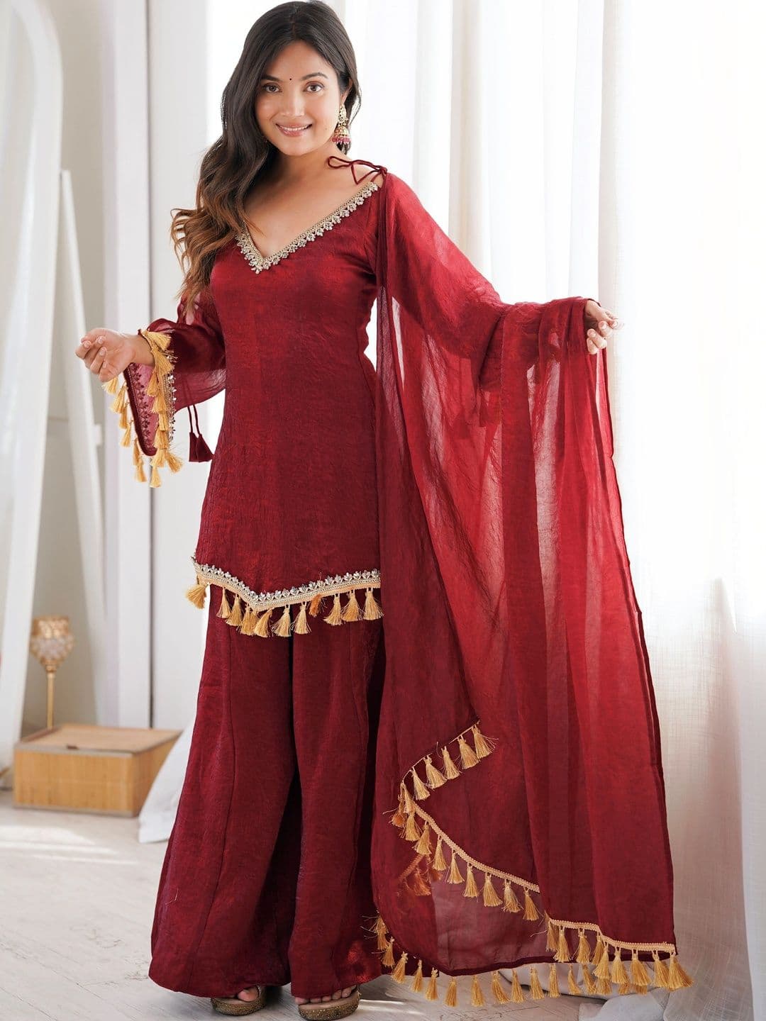 VASTRABELLA Women Regular Gotta Patti Pure Silk Kurta with Sharara & With Dupatta - view 1