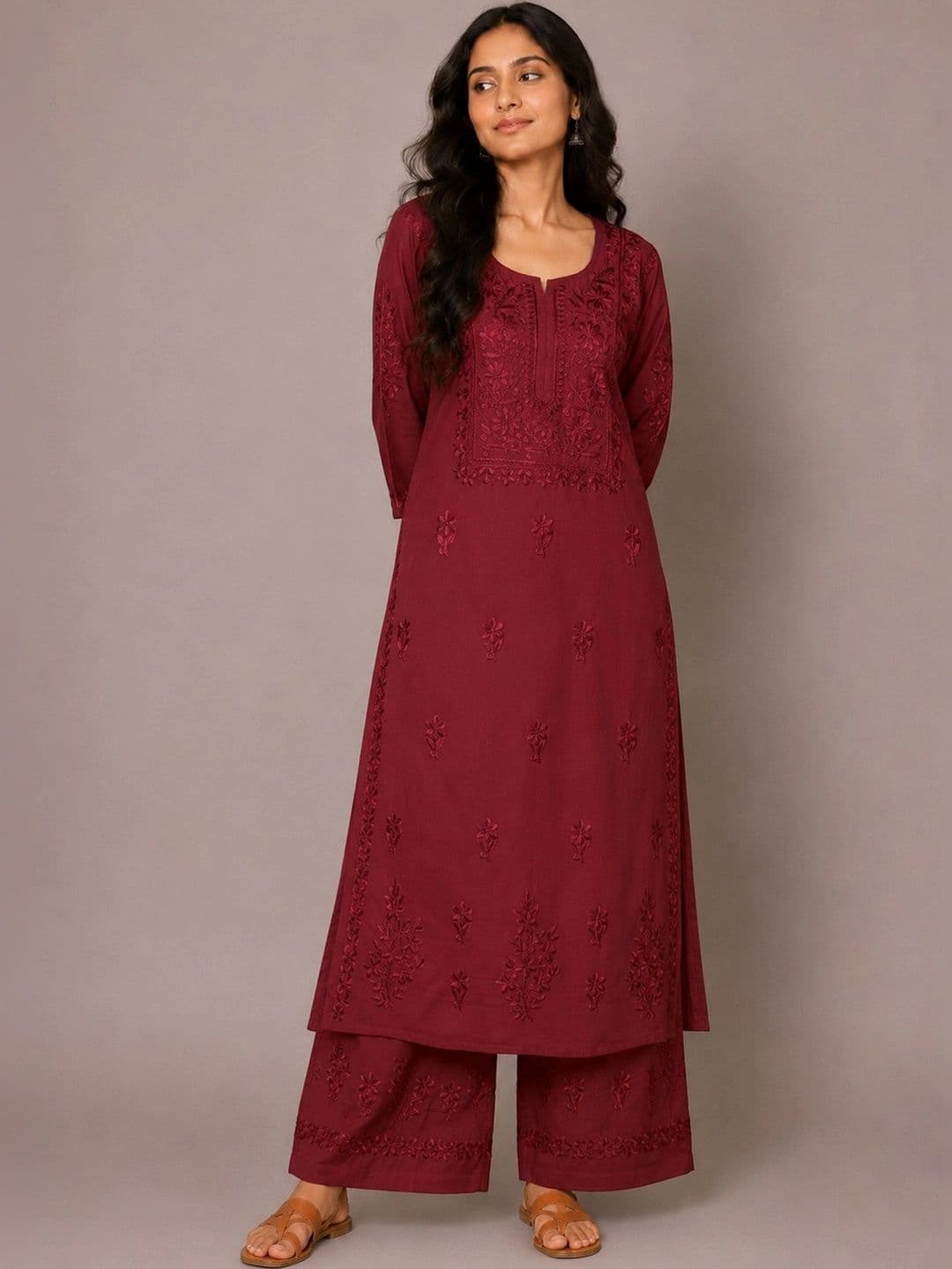 colorkosh Women Ethnic Motifs Embroidered Regular Chikankari Kurta with Palazzos - view 1