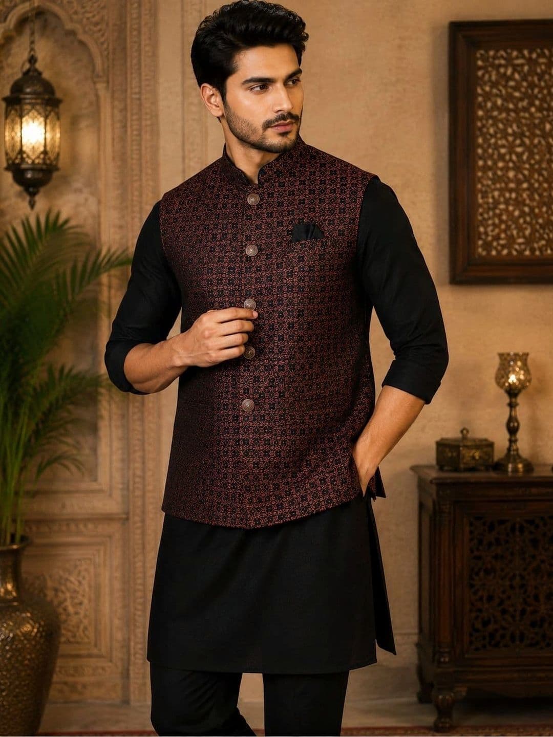 TRENDS OF ETHNIC Woven Design Art Silk Woven Nehru Jackets - view 1