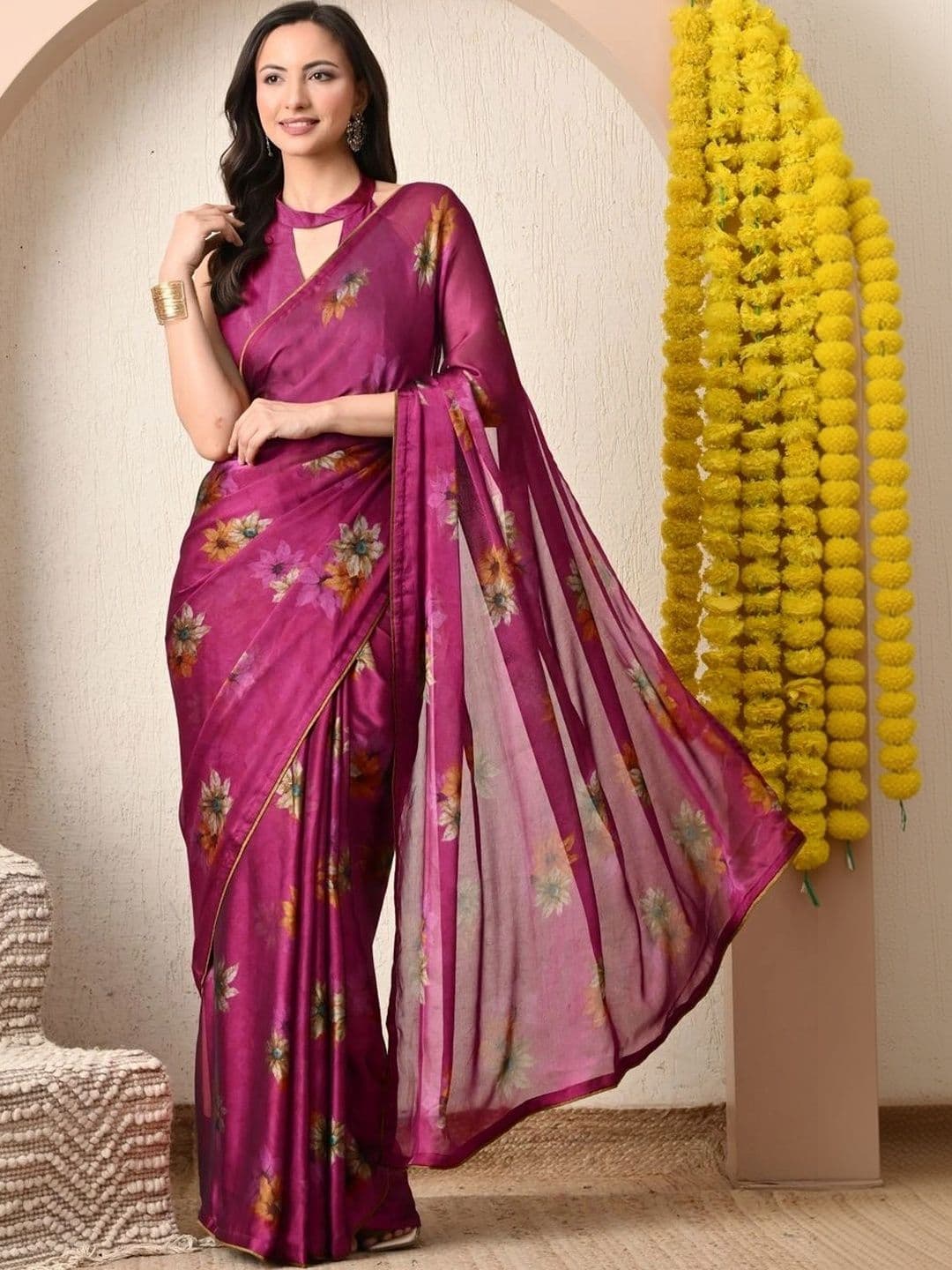 KALINI Floral Poly Chiffon Designer Saree - view 1