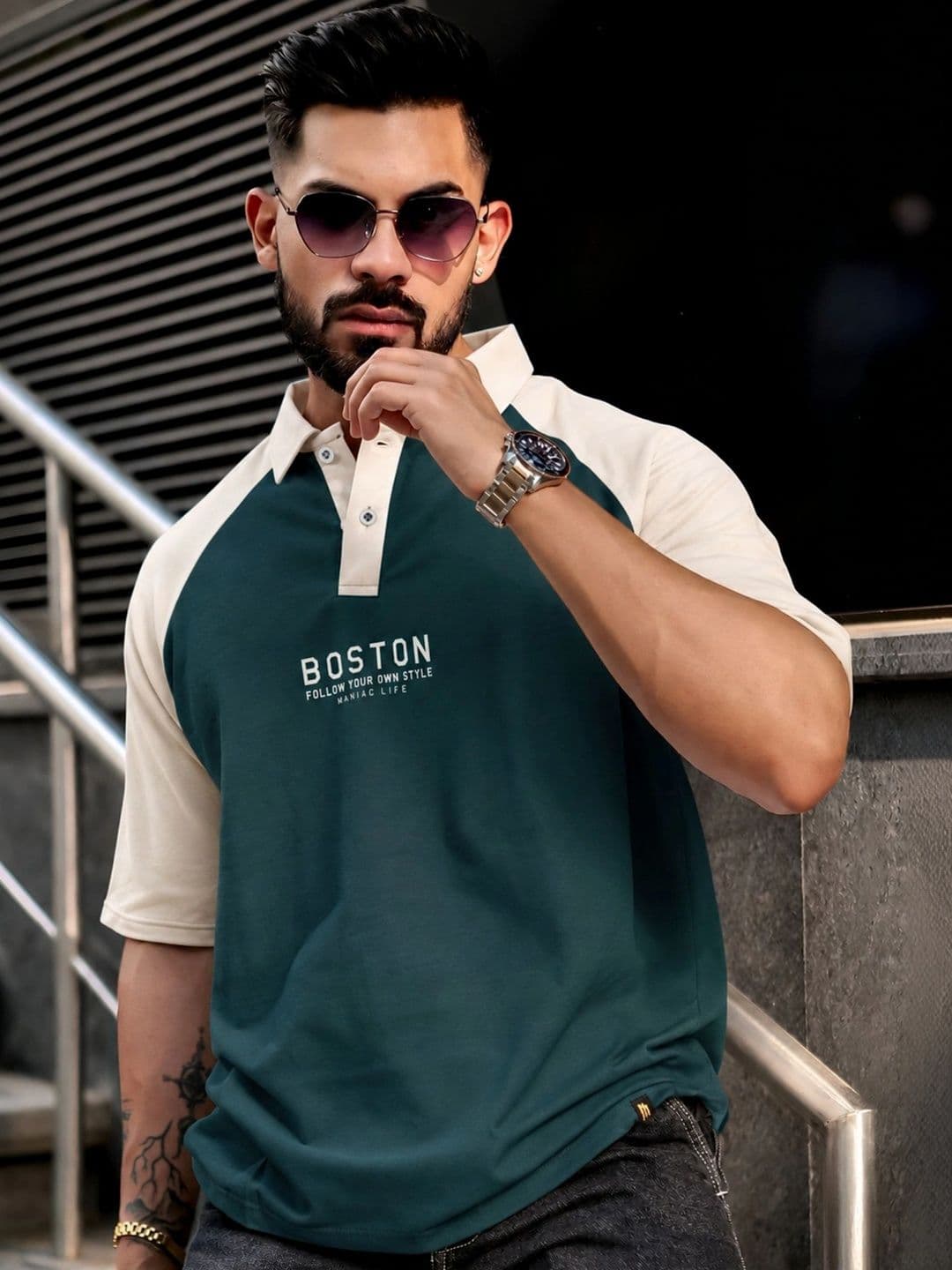 Maniac Men Typography Colourblocked Polo Collar T-shirt - view 1